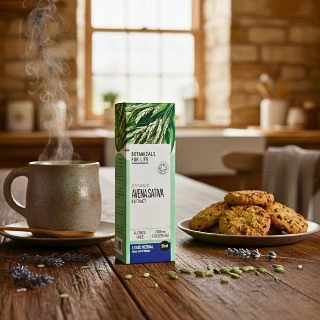 Botanicals For Life Organic Avena Sativa Extract alcohol-free green oat straw liquid herbal supplement on a wooden table next to a steaming mug and cookies